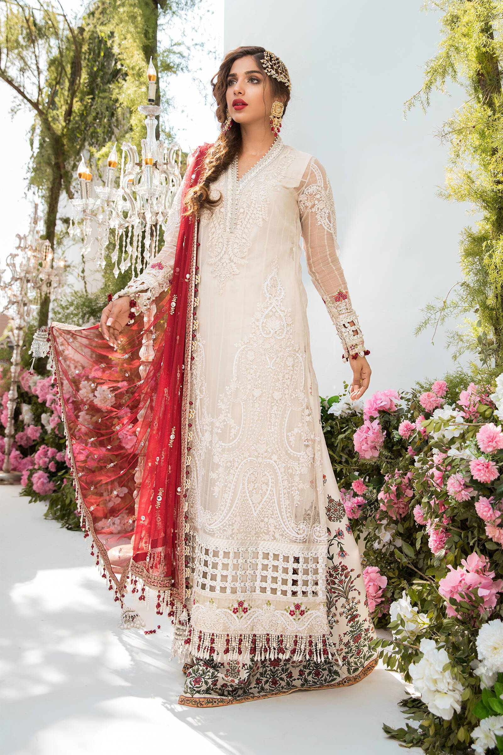 Unstitched MBROIDERED - Off White and Deep Red (BD-2103) - Image 2