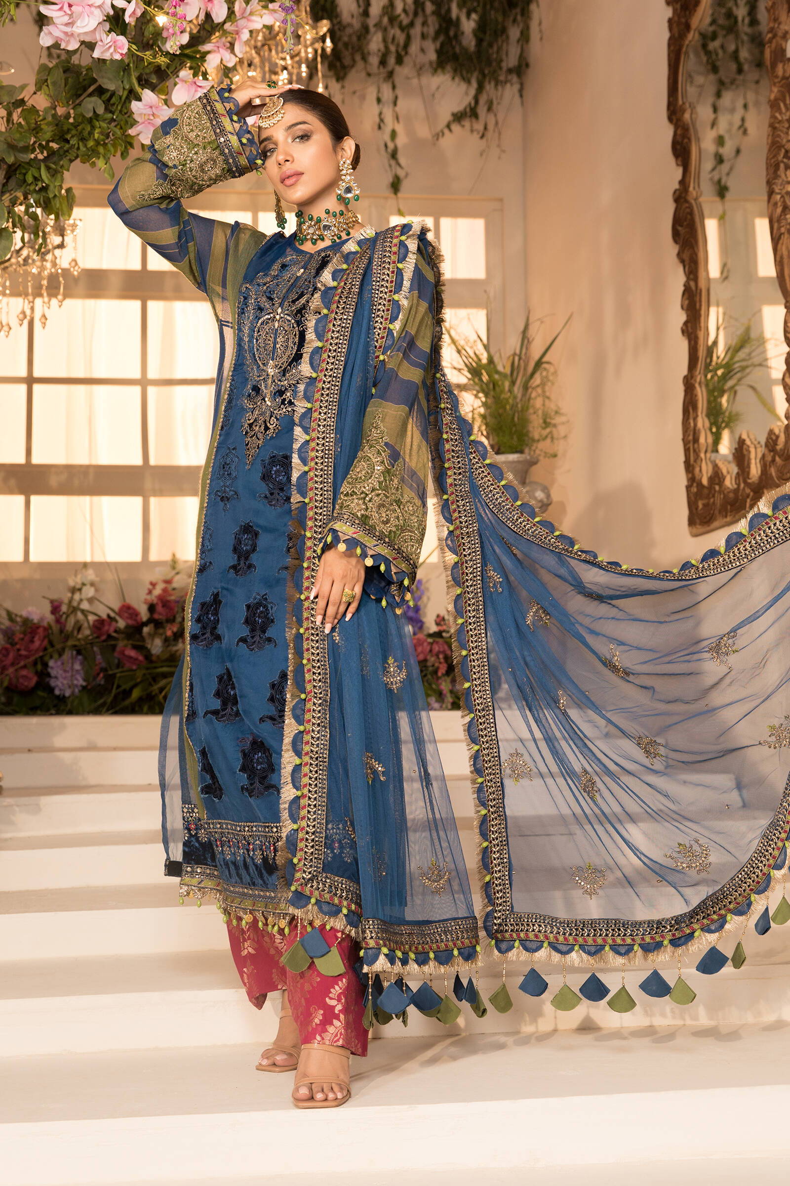Unstitched MBROIDERED - Blue Olive green with deep Coral Pink (BD-2104)