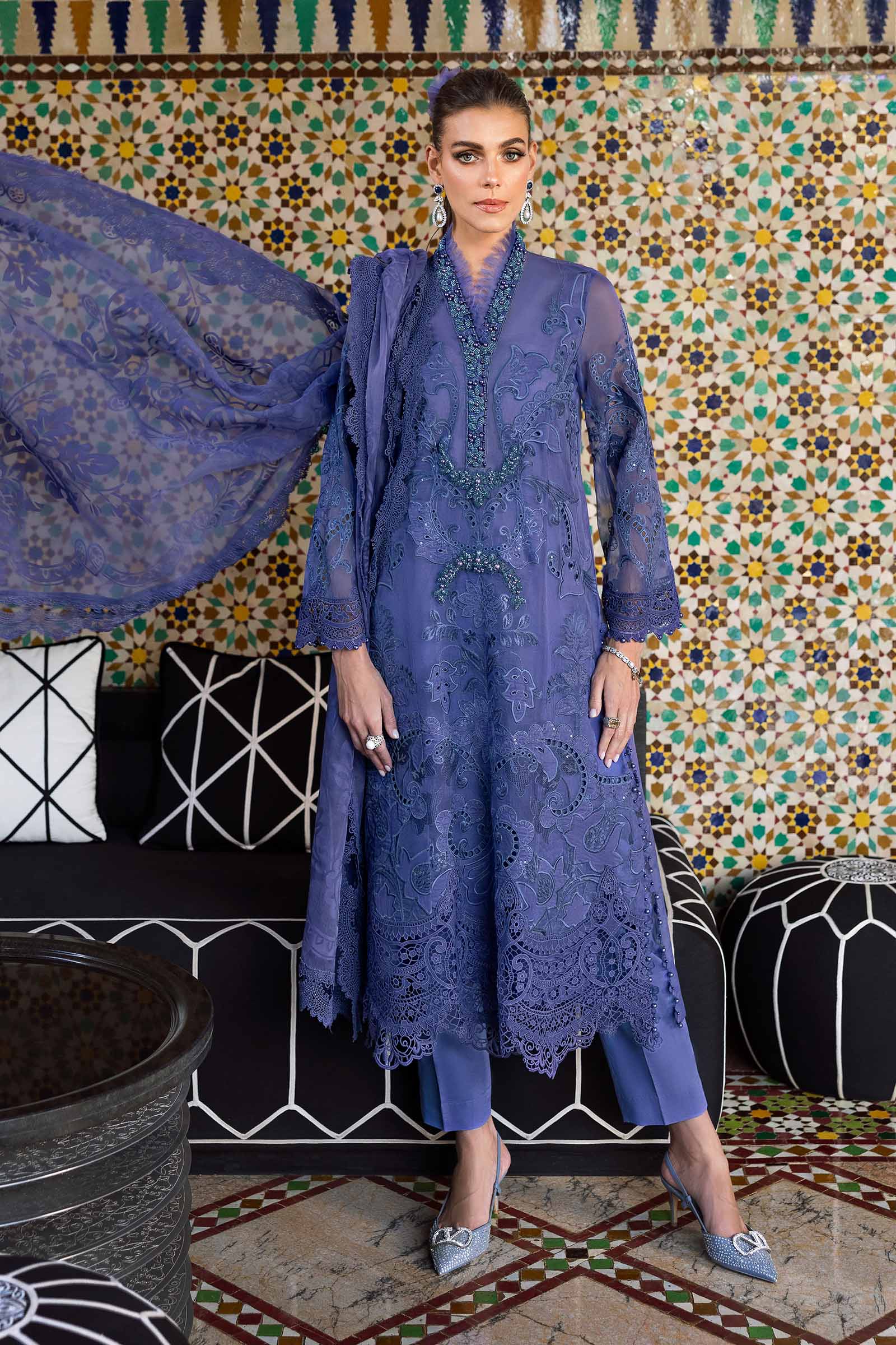 3 Piece Unstitched Embroidered Organza Suit | D-2506-B - Image 6
