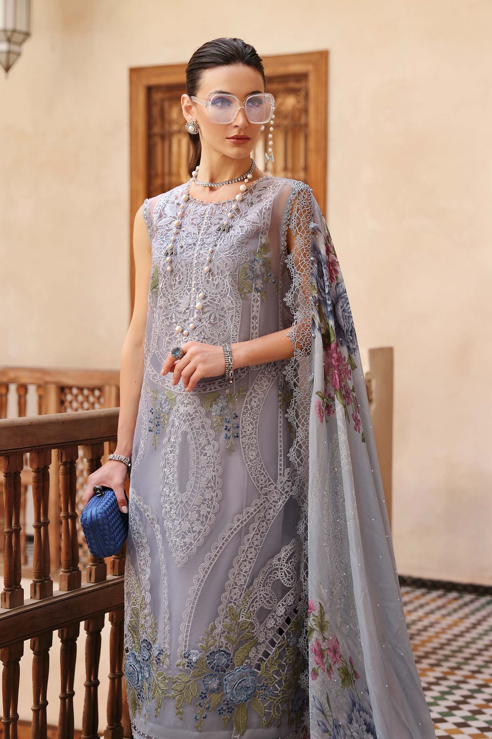 3 Piece Unstitched Embroidered Organza Suit | D-2509-B - Image 2