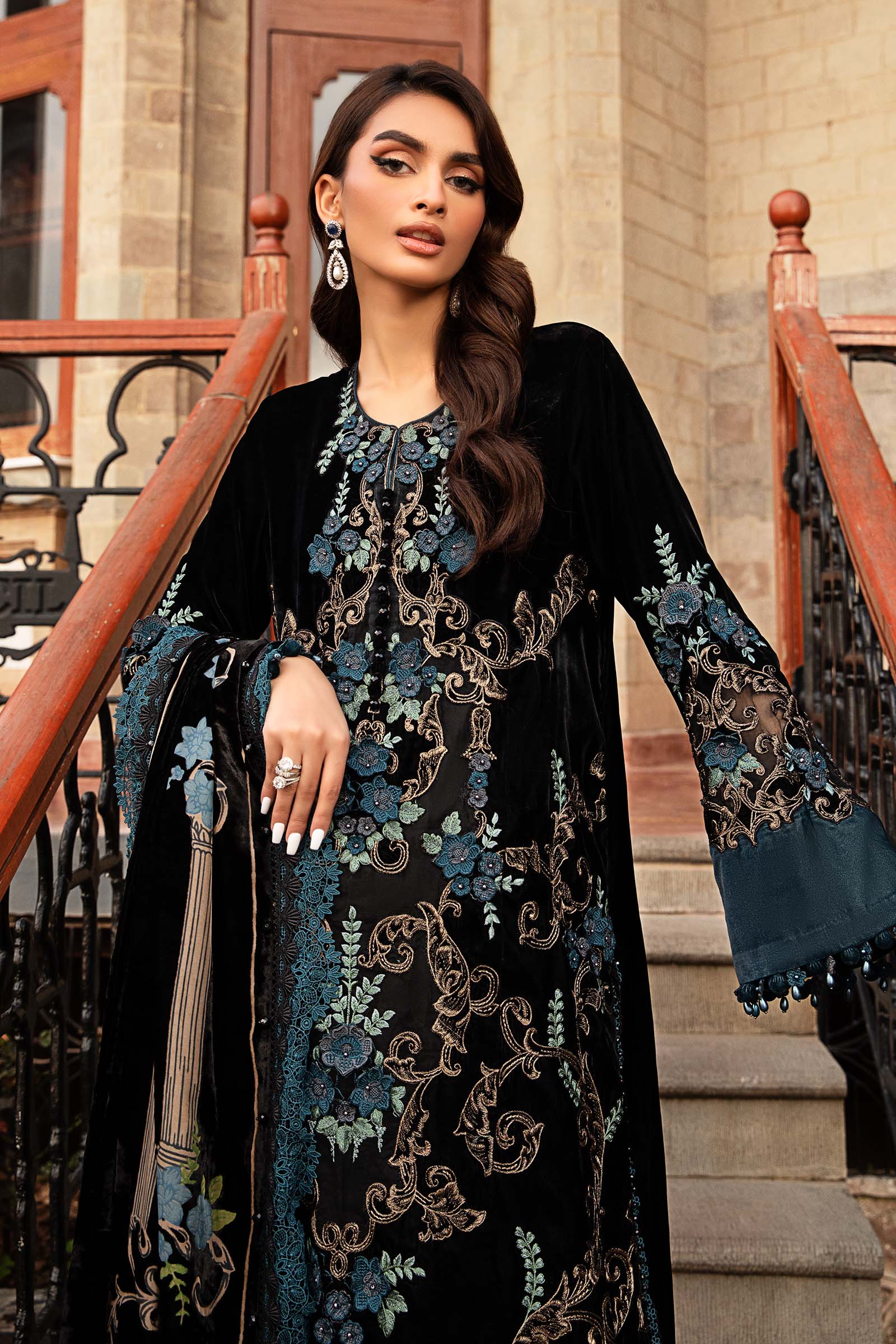 3 Piece Unstitched Embroidered Velvet Suit | DL-1208 - Image 2
