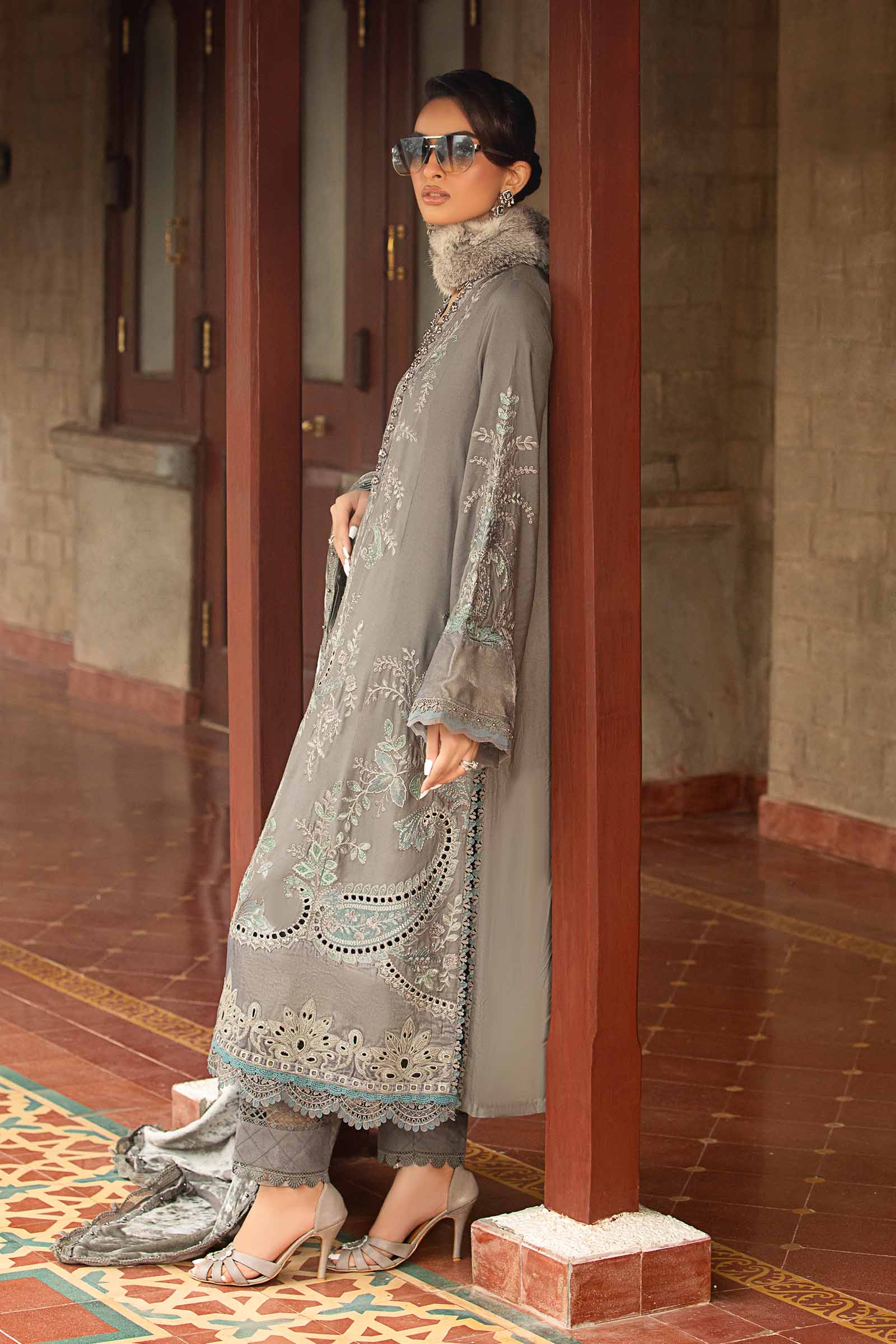 3 Piece Unstitched Embroidered Velvet Suit | DL-1209 - Image 8