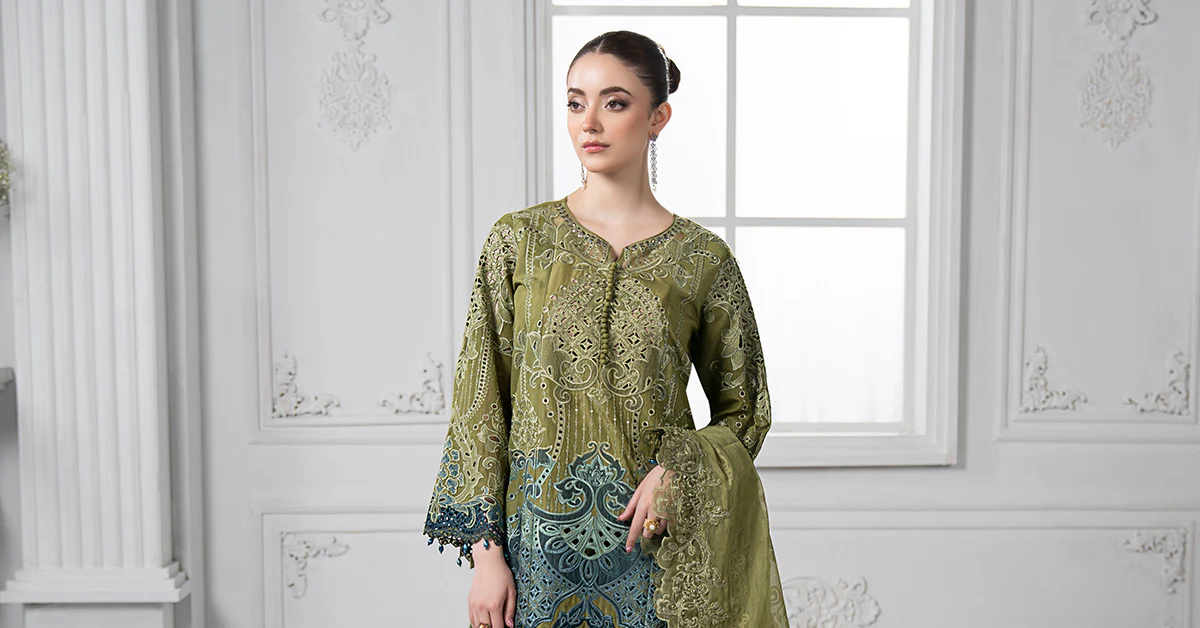 3 Piece Embroidered Paper Cotton Suit | DS-2501-A - Image 9