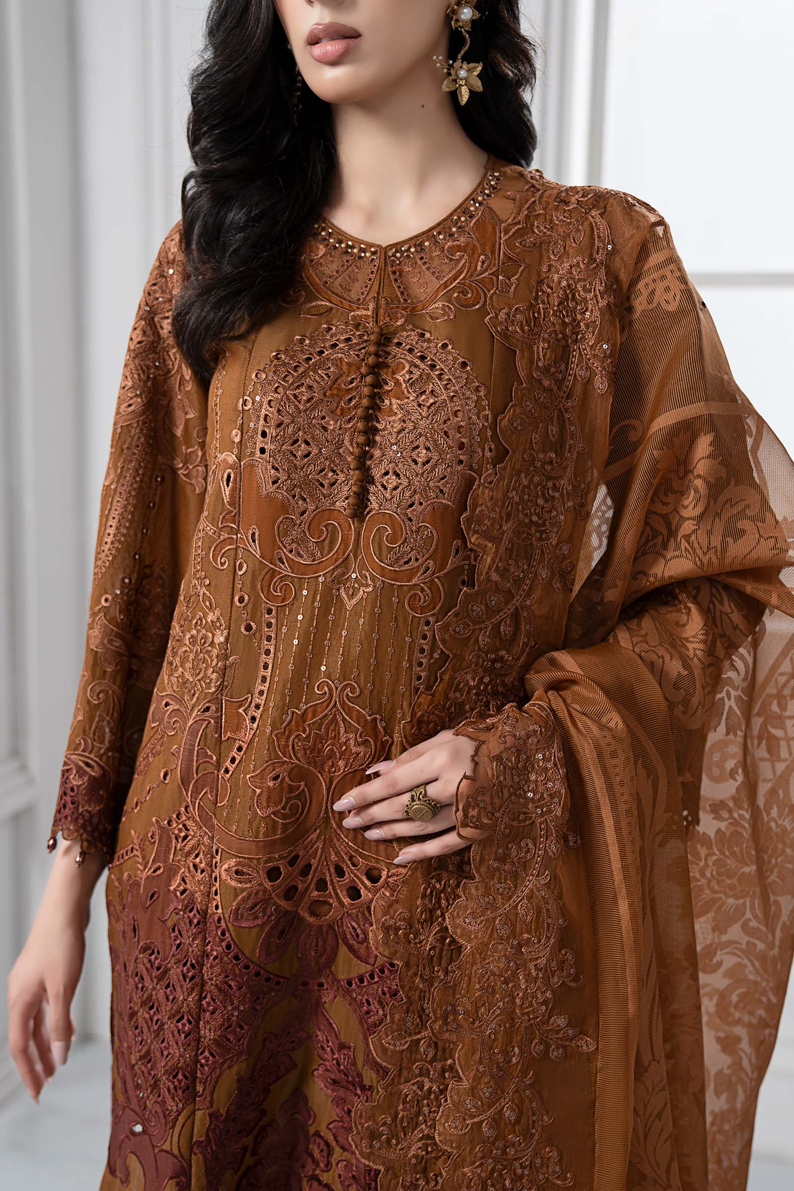 3 Piece Embroidered Paper Cotton Suit | DS-2501-B - Image 3