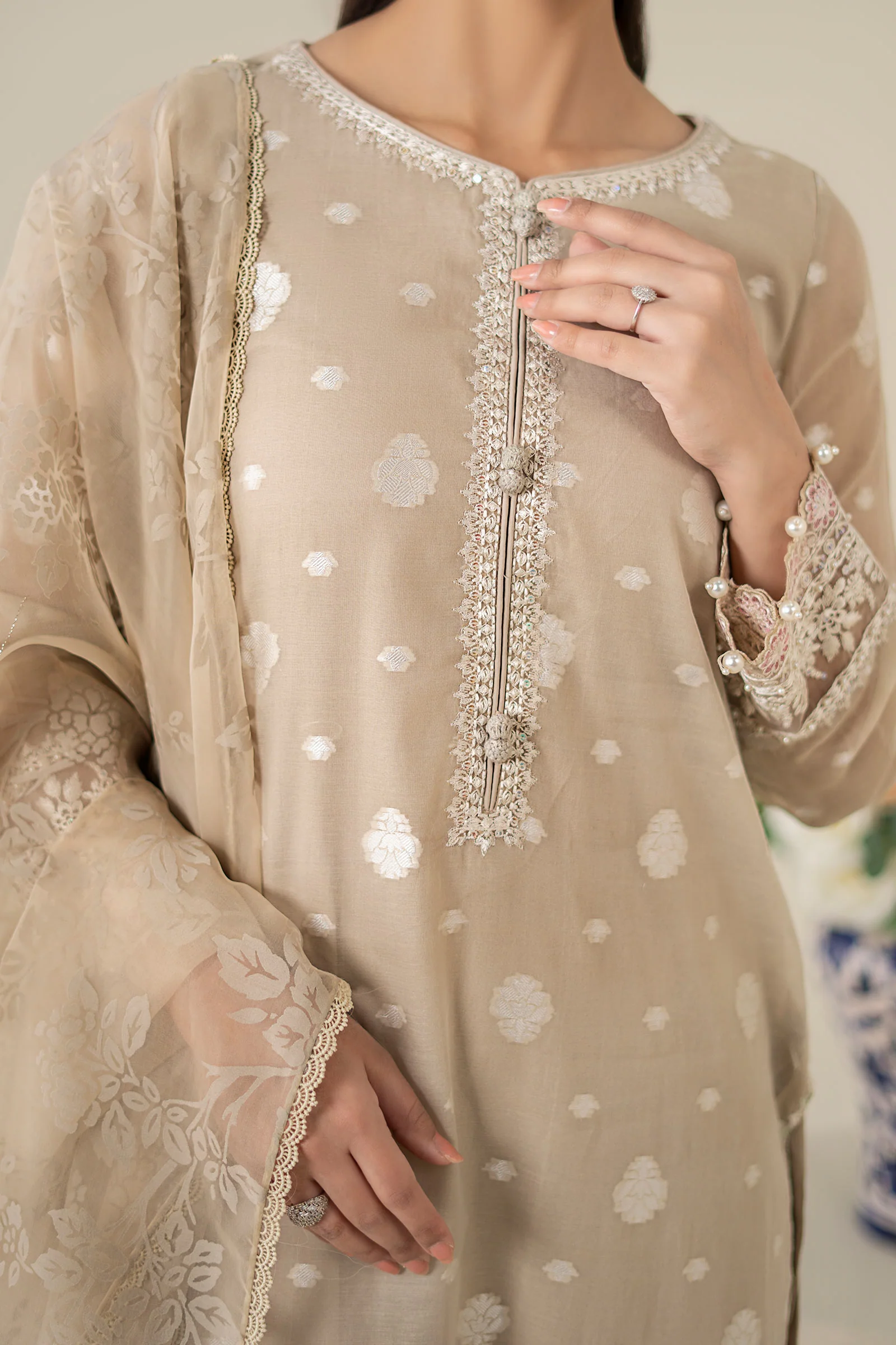 3 Piece Embroidered Paper Cotton Jacquard Suit - Image 3