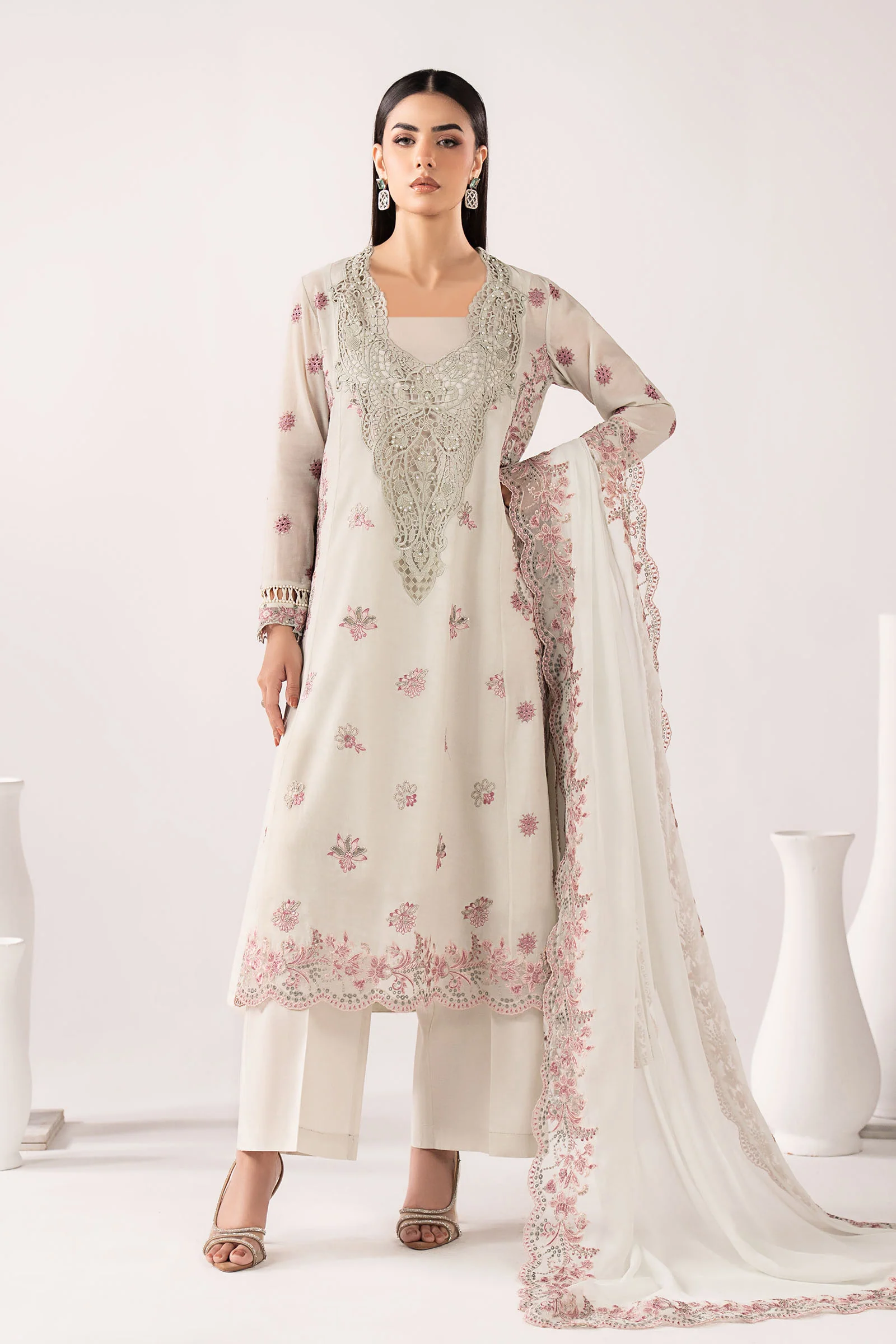 3 Piece Embroidered Paper Cotton Suit