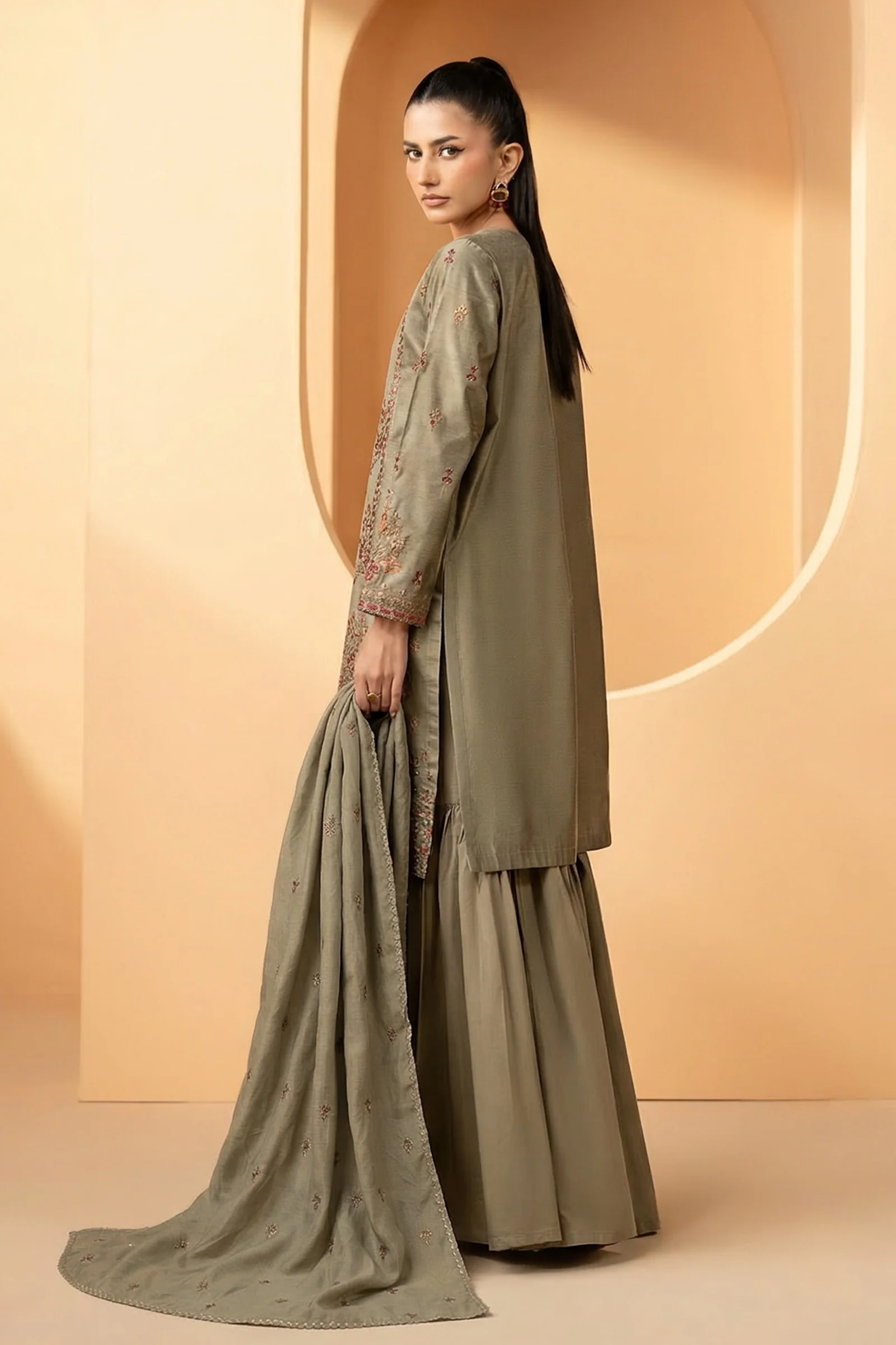 3 Piece Embroidered Double Warp Silk Suit - Image 5