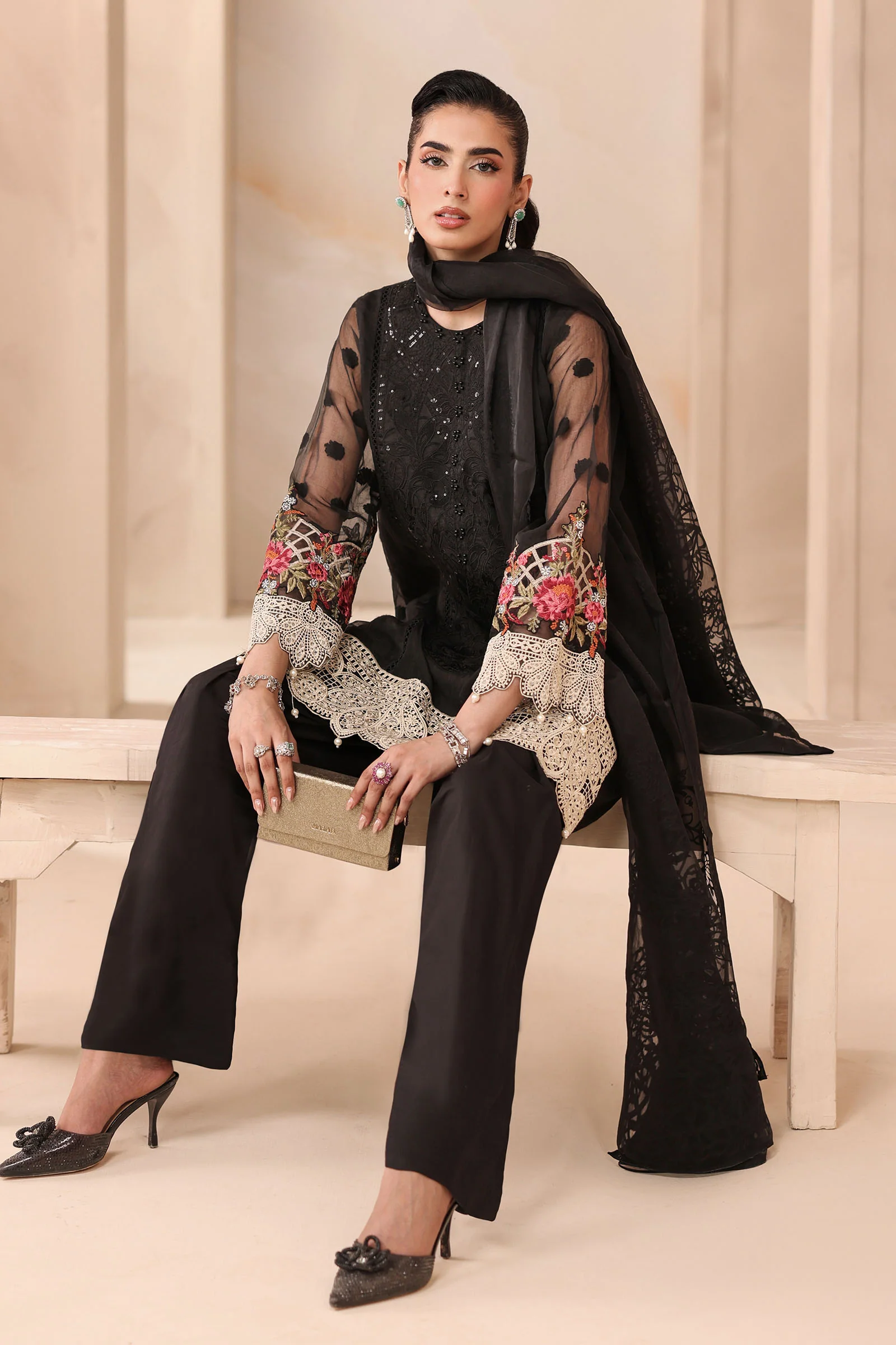 3 Piece Embroidered Organza Jacquard Suit - Image 3