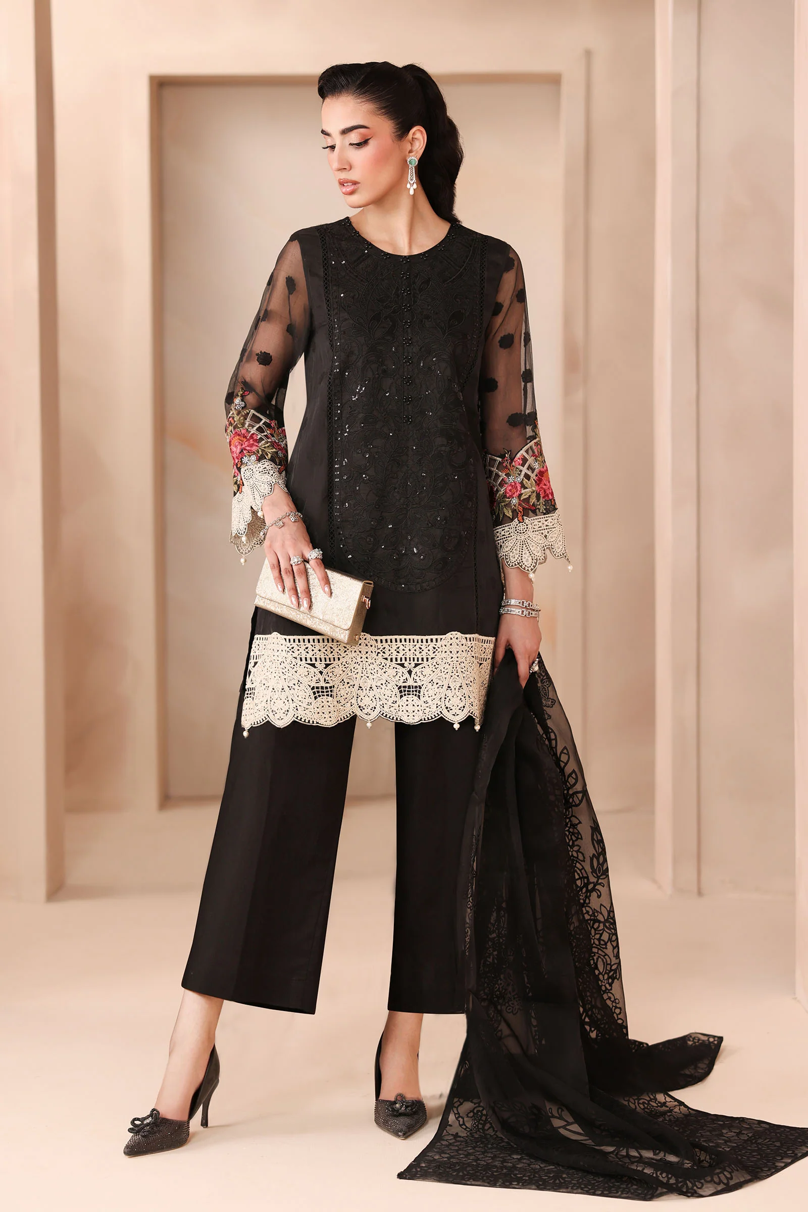 3 Piece Embroidered Organza Jacquard Suit - Image 4