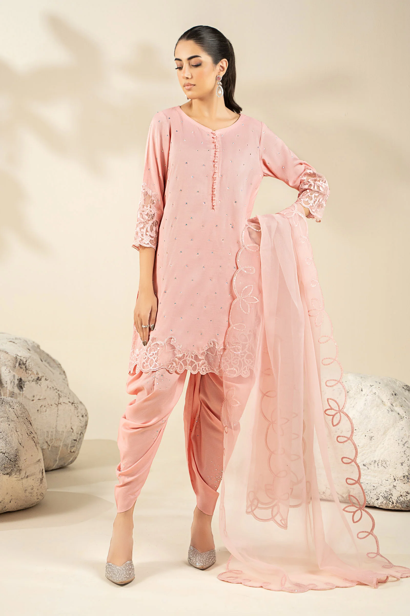 3 Piece Embroidered Raw Silk Suit