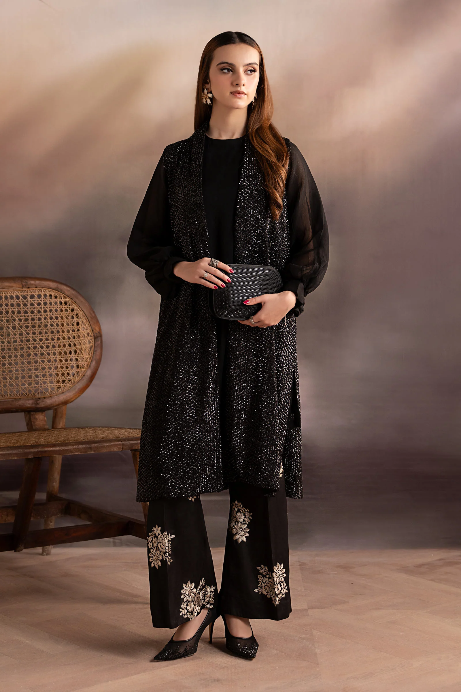 3 Piece Embroidered Raw Silk Suit