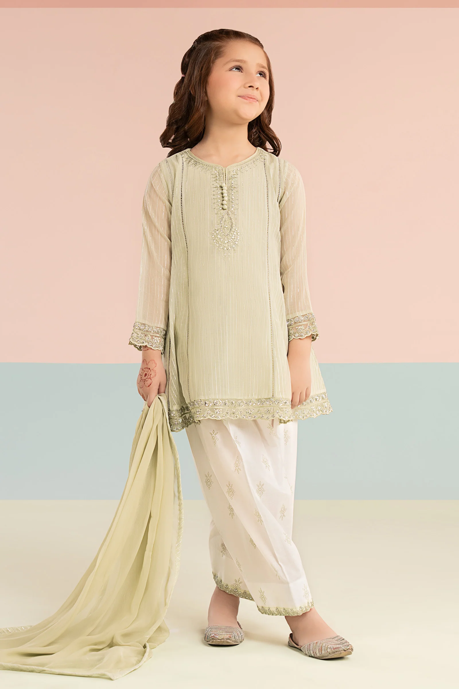 3 Piece Embroidered Striped Lurex Yarn Dyed Suit - Image 2