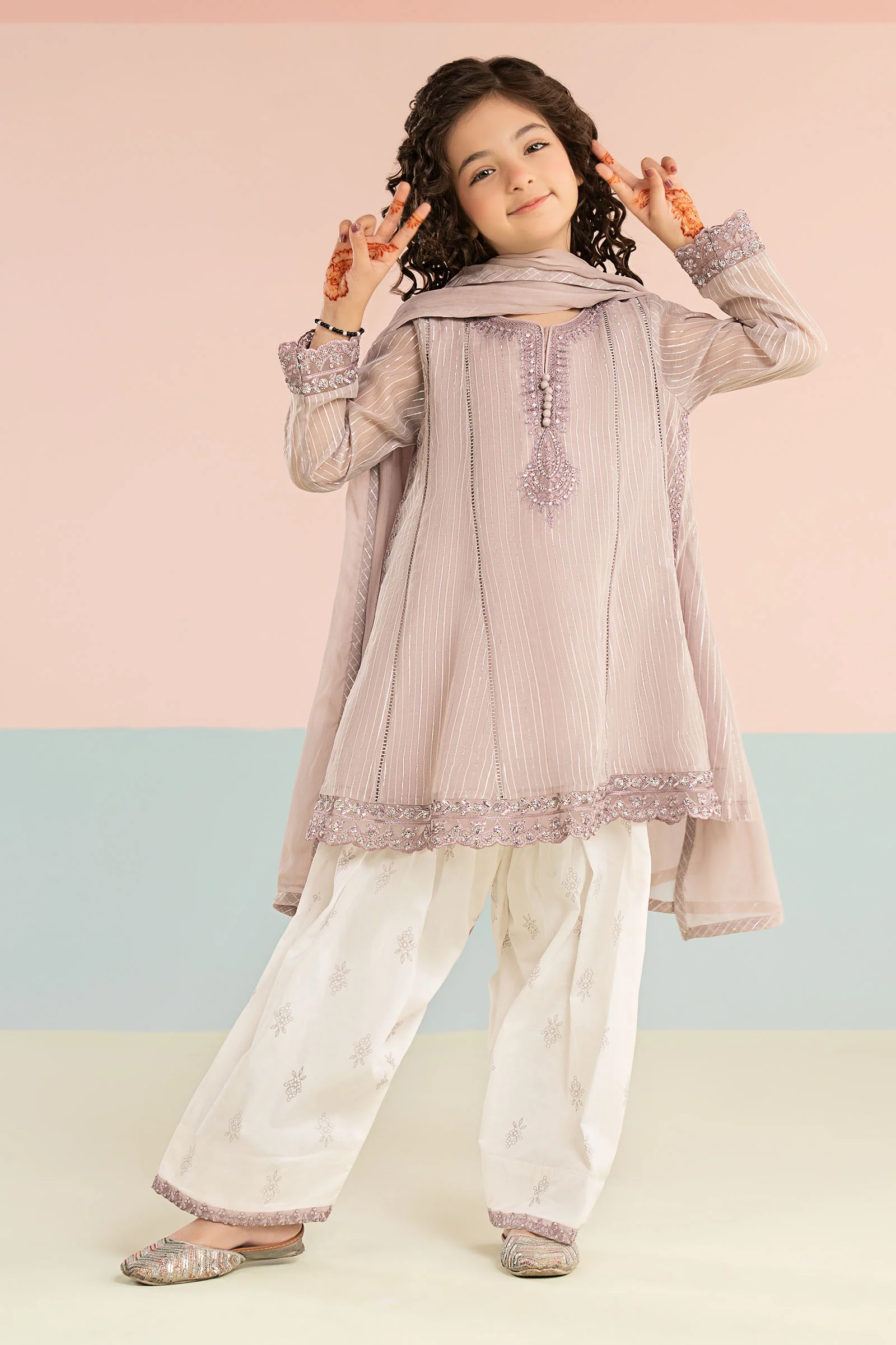 3 Piece Embroidered Striped Lurex Yarn Dyed Suit - Image 3