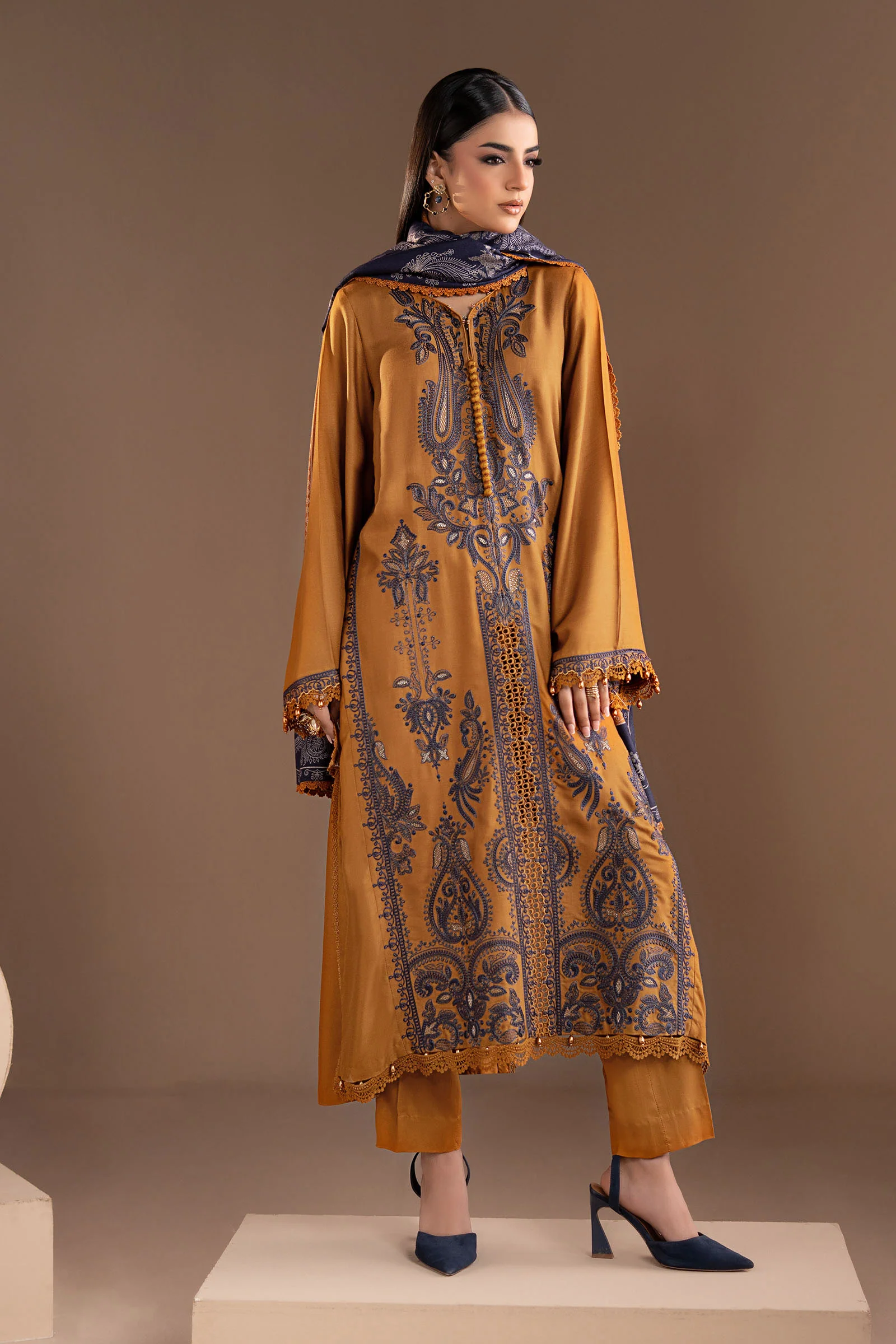 3 Piece Embroidered Twill Linen Suit - Image 8