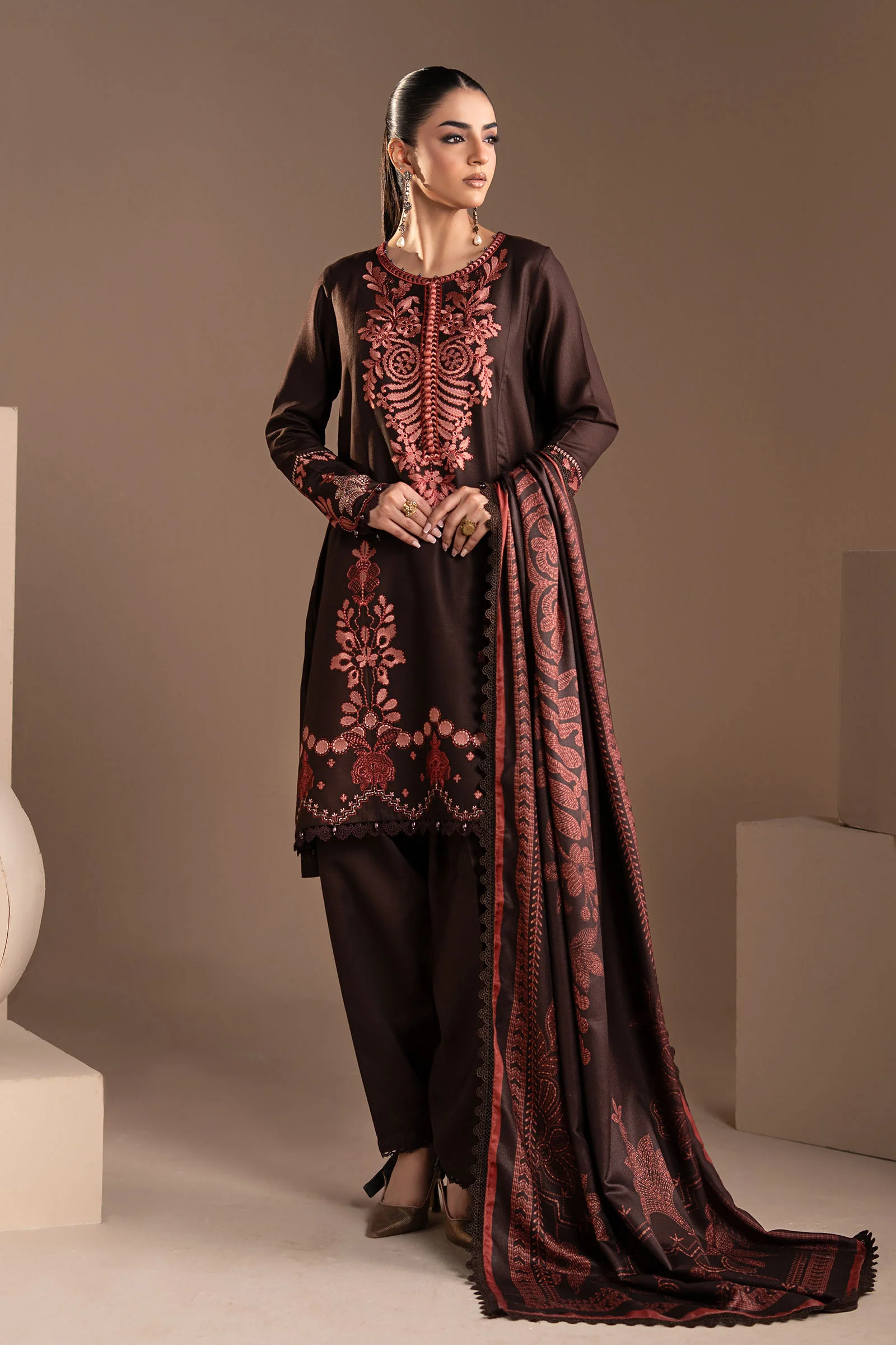 3 Piece Embroidered Twill Linen Suit