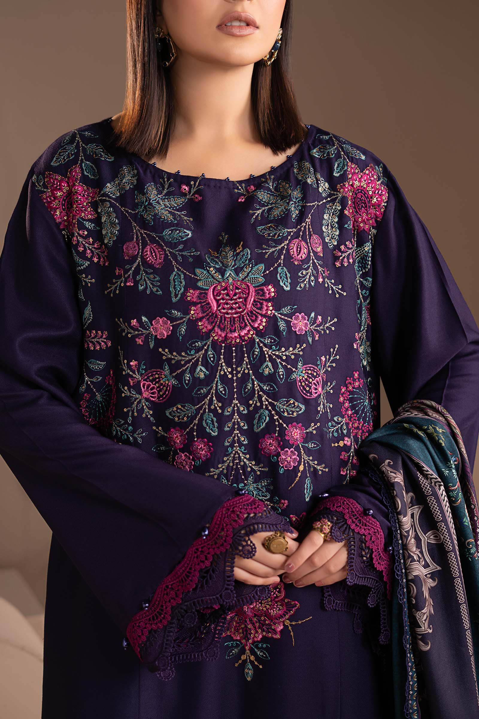 3 Piece Embroidered Twill Linen Suit - Image 3