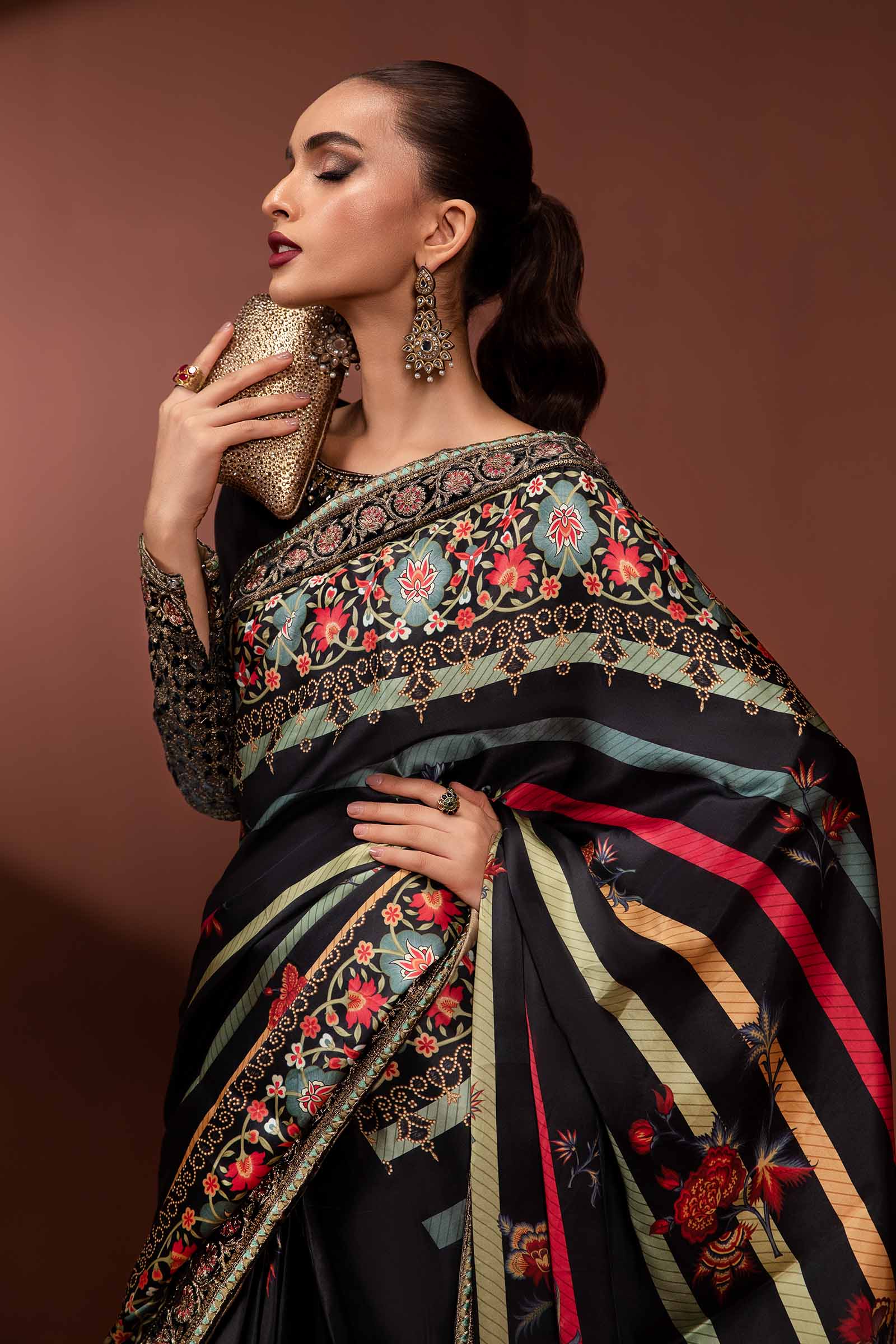 Embroidered Pure Charmeuse Silk Saree - Image 3