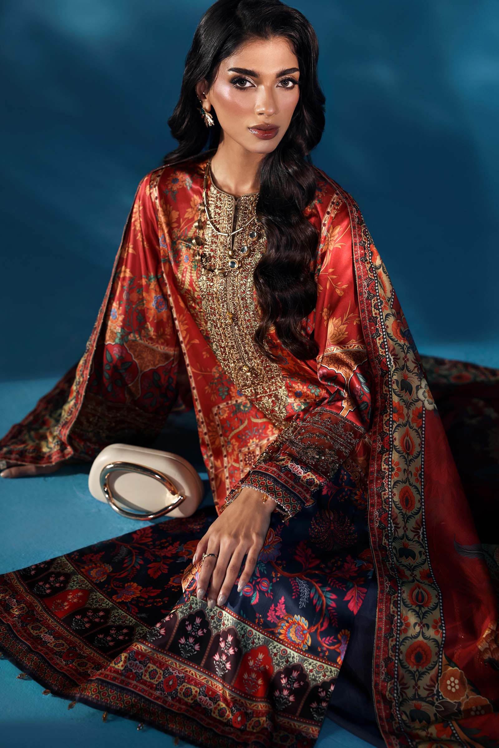 3 Piece Embroidered Satin Silk Suit - Image 2