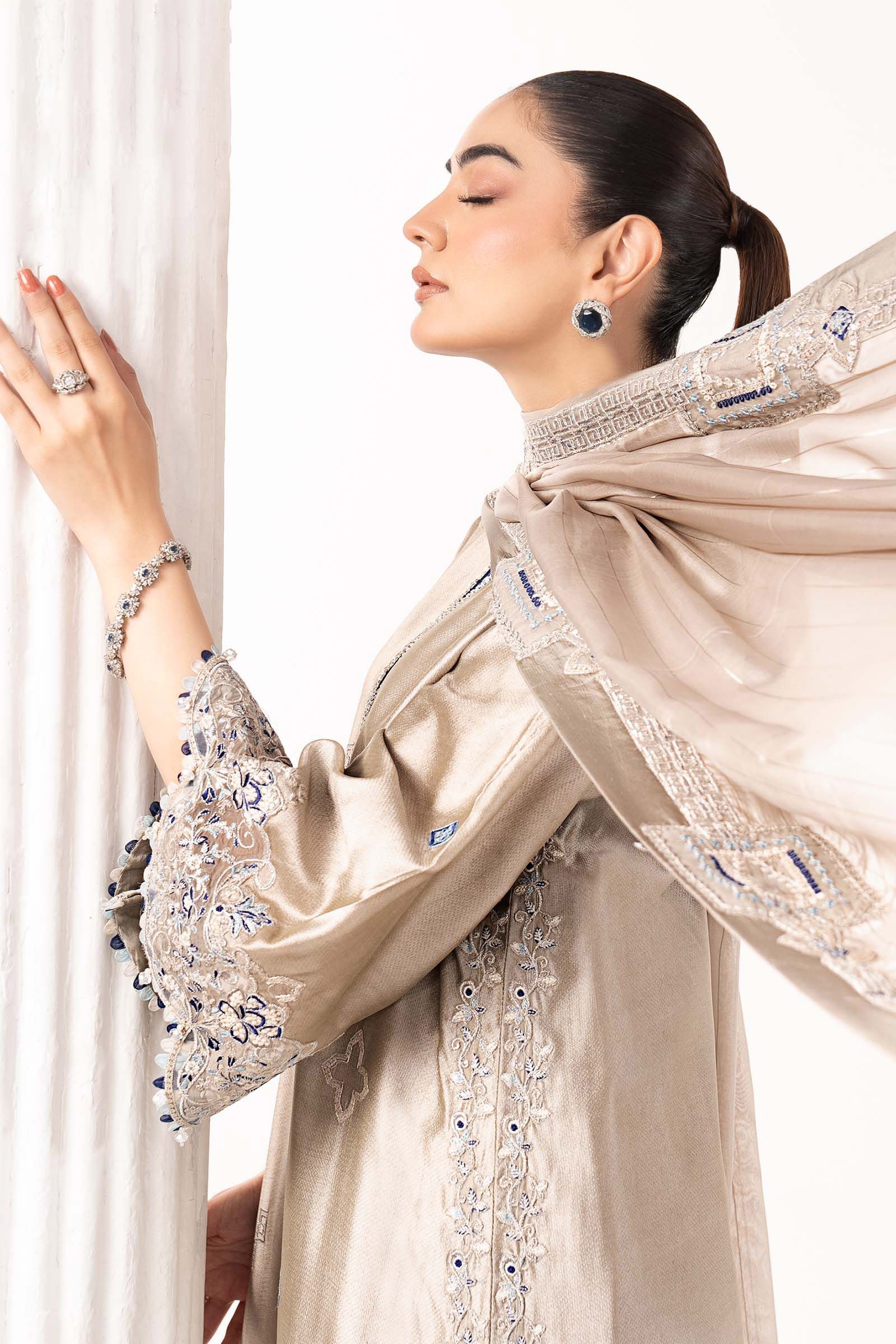 3 Piece Embroidered Self Tassel Silk Suit - Image 3