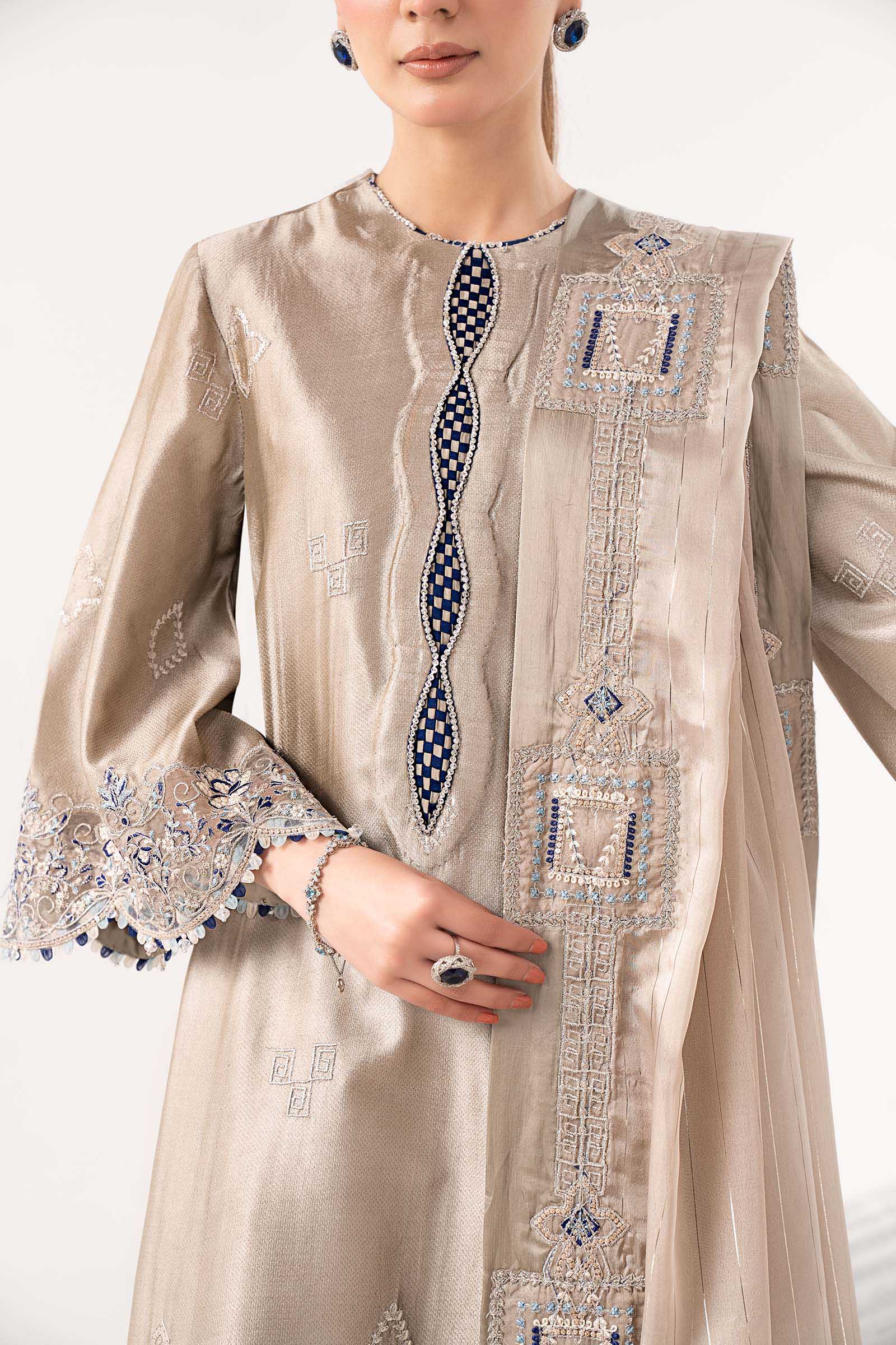 3 Piece Embroidered Self Tassel Silk Suit - Image 4