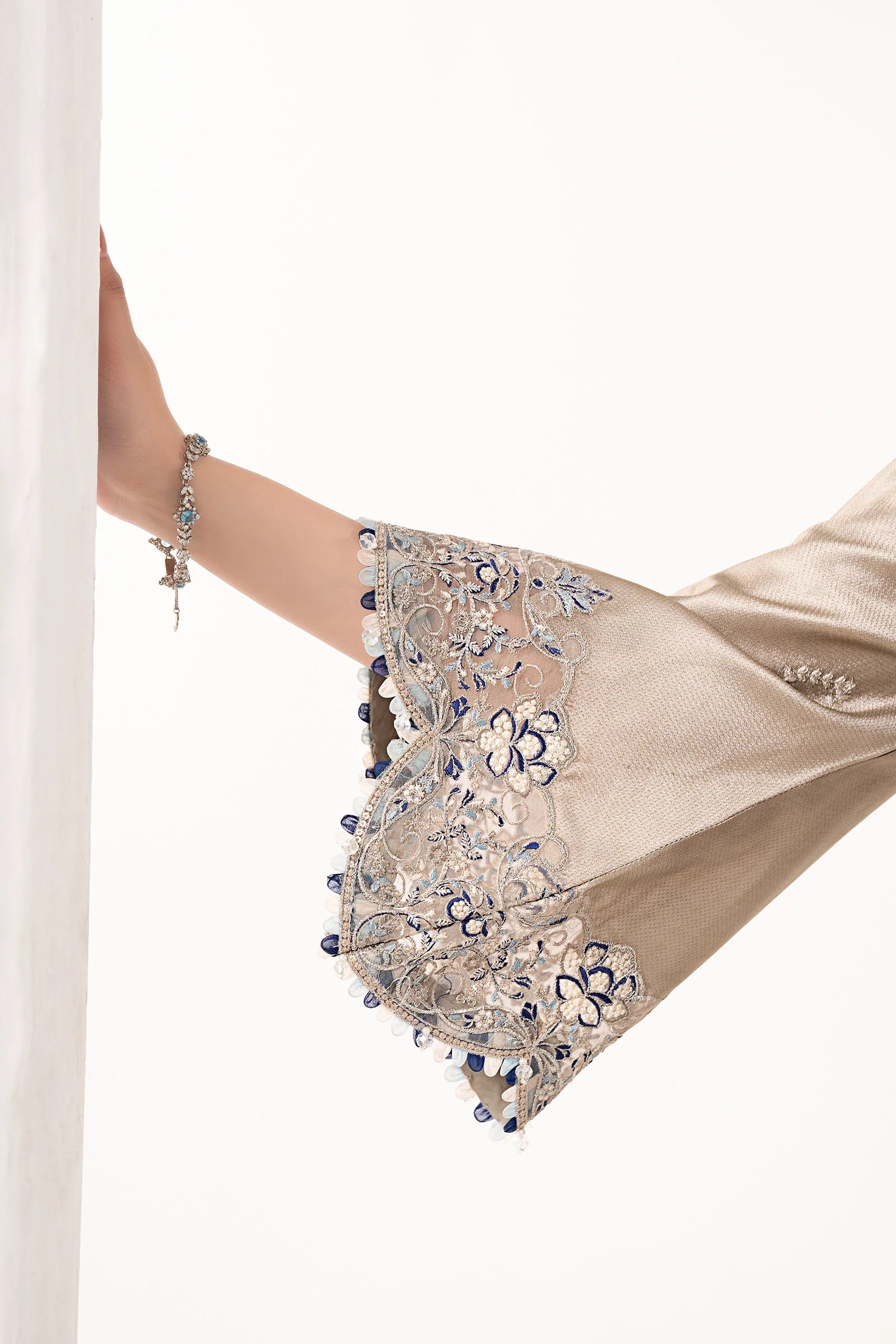 3 Piece Embroidered Self Tassel Silk Suit - Image 5