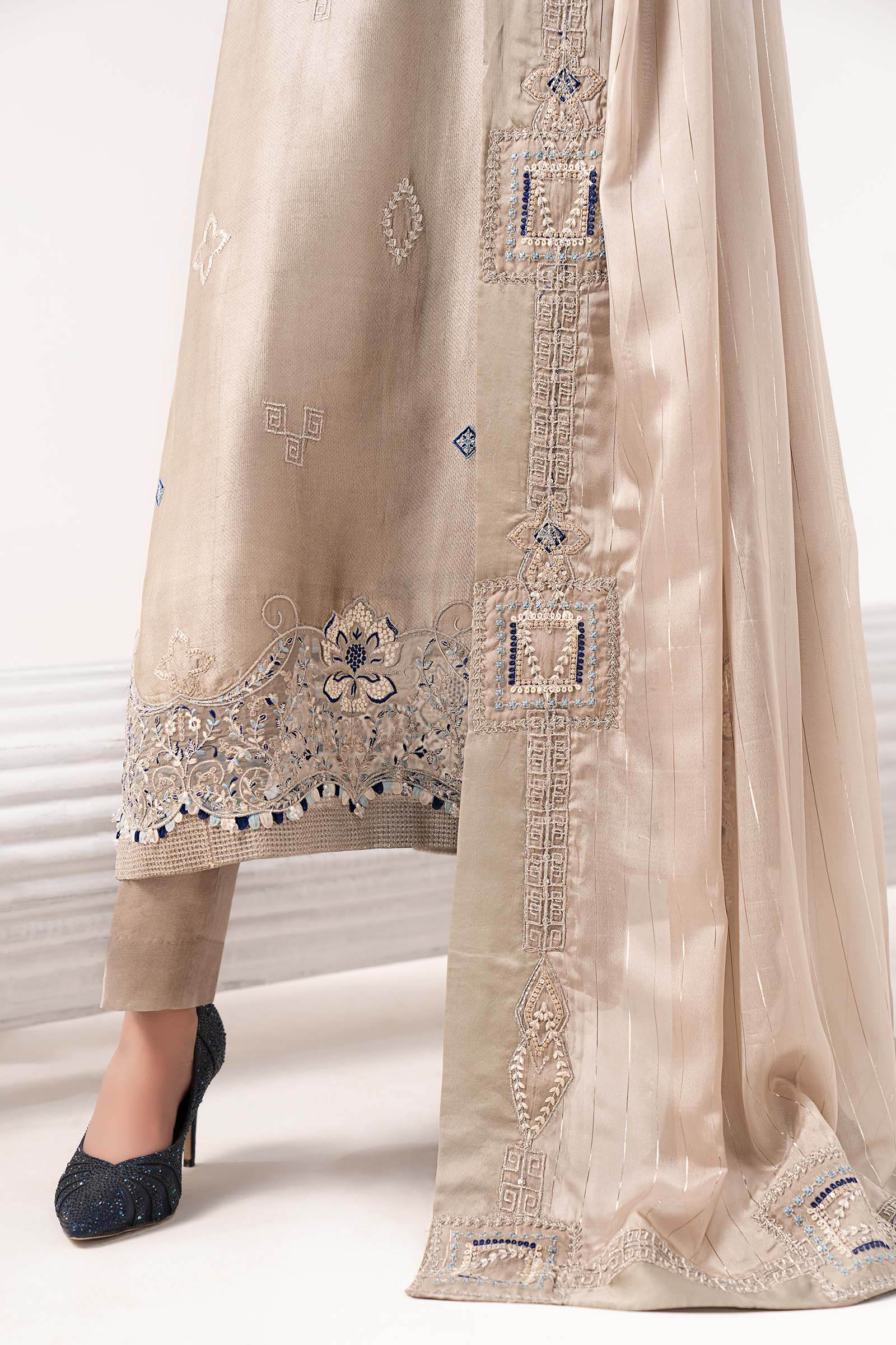 3 Piece Embroidered Self Tassel Silk Suit - Image 6