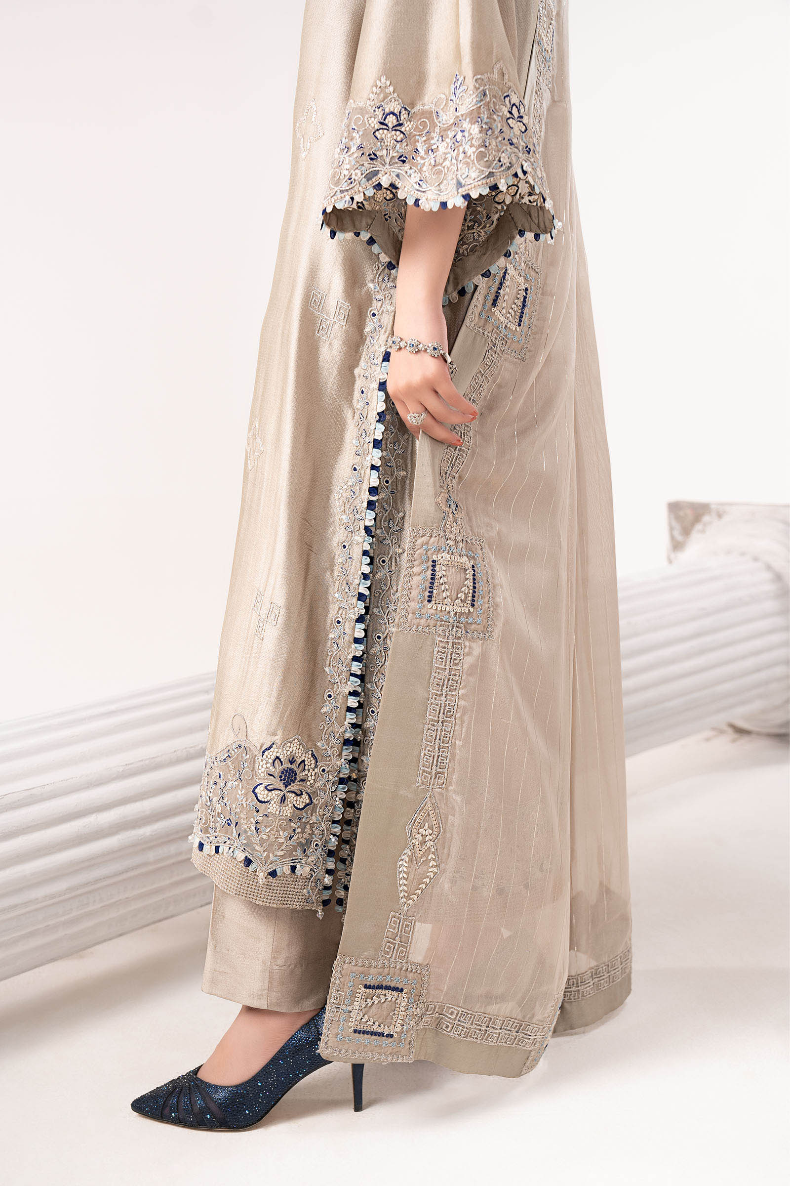 3 Piece Embroidered Self Tassel Silk Suit - Image 7
