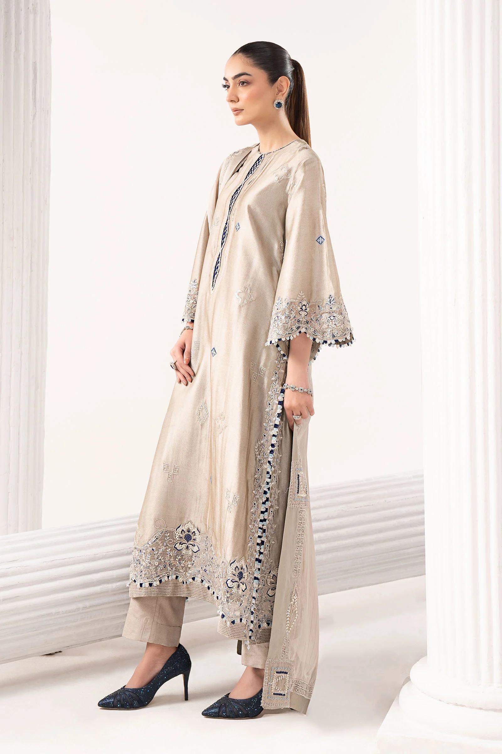 3 Piece Embroidered Self Tassel Silk Suit - Image 8