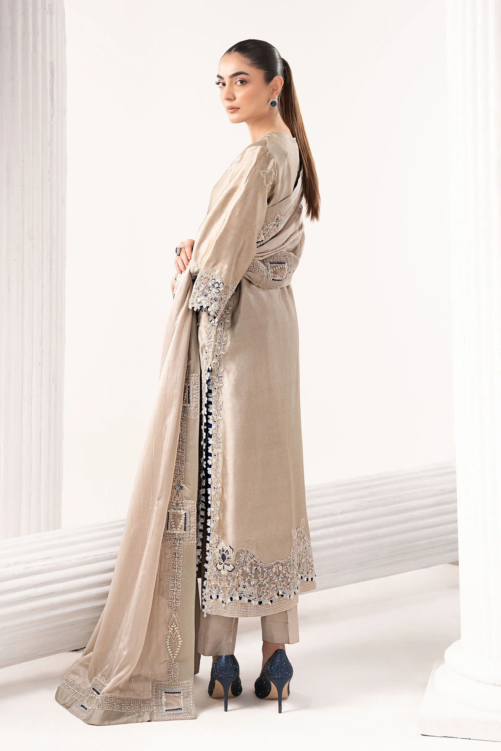 3 Piece Embroidered Self Tassel Silk Suit - Image 9