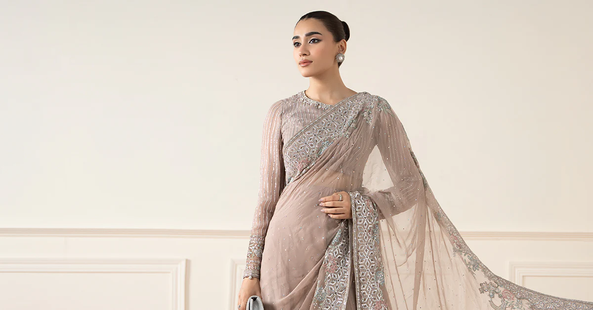 Embroidered Chiffon Saree - Image 8