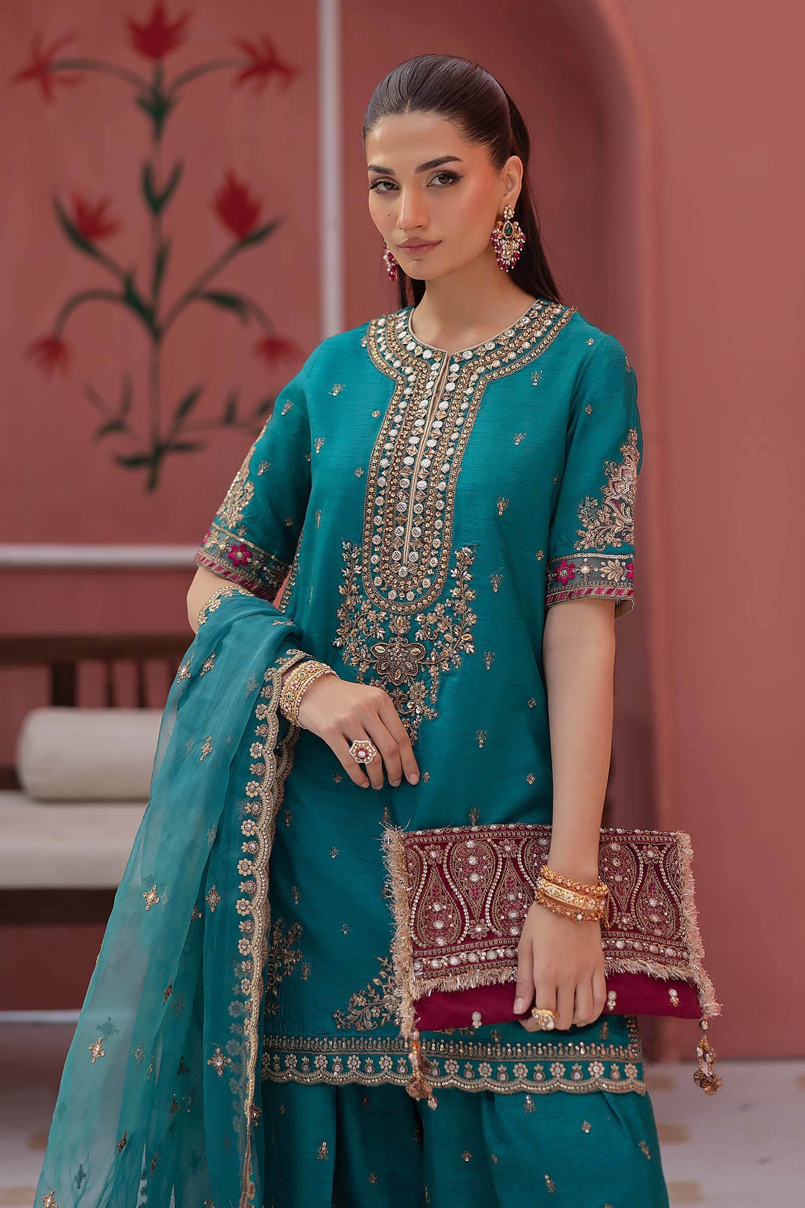 3 Piece Embroidered Raw Silk Suit - Image 2