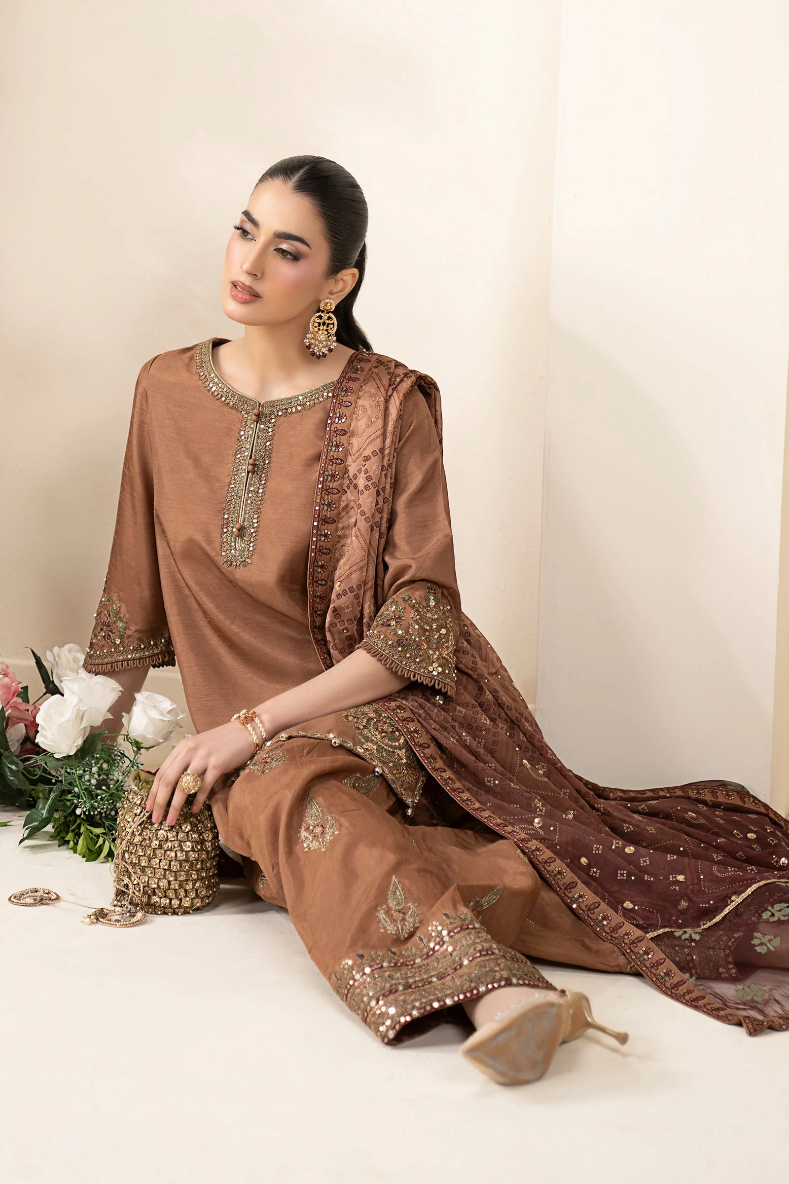 3 Piece Embroidered Raw Silk Suit - Image 3