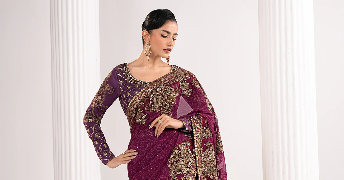 Embroidered Chiffon Saree - Image 11